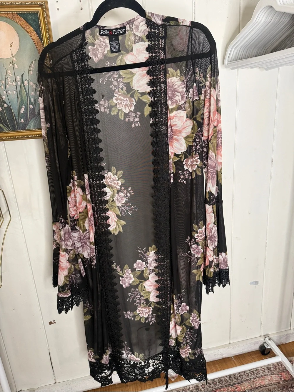 Polly & Esther Black Sheer Floral Lace Trim Kimono